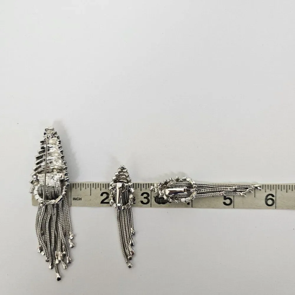Vintage Silver Tone Crystal Rhinestone Brooch Pin‎ Clip On Earring Set Waterfall